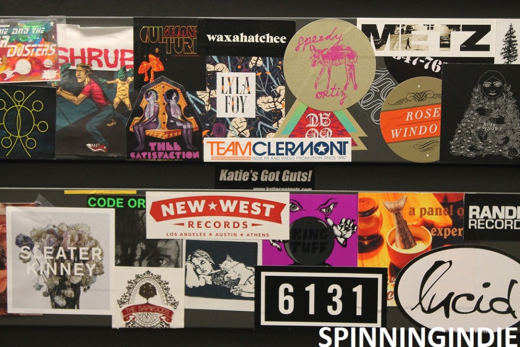 Sticker-covered cabinet at KRLX. Photo: J. Waits