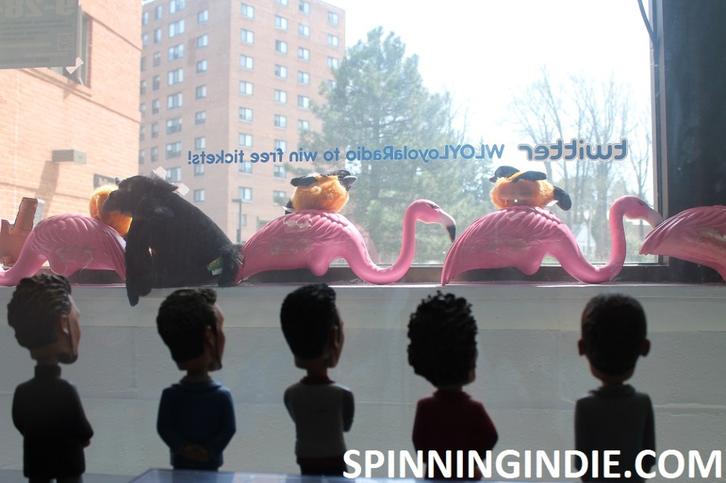 Bobbleheads and flamingos at college radio station WLOY