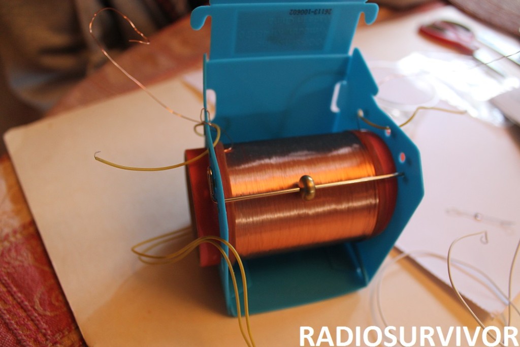 Building the crystal radio - tuning bar in place