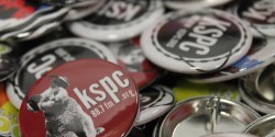 buttons at college radio station KSPC. Photo: J. Waits