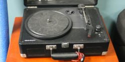 Turntable in college radio station KSPC's lobby for reviewing vinyl. Photo: J. Waits