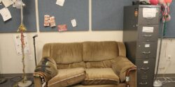 Couch and public file cabinet in college radio station WPRB studio. Photo: J. Waits