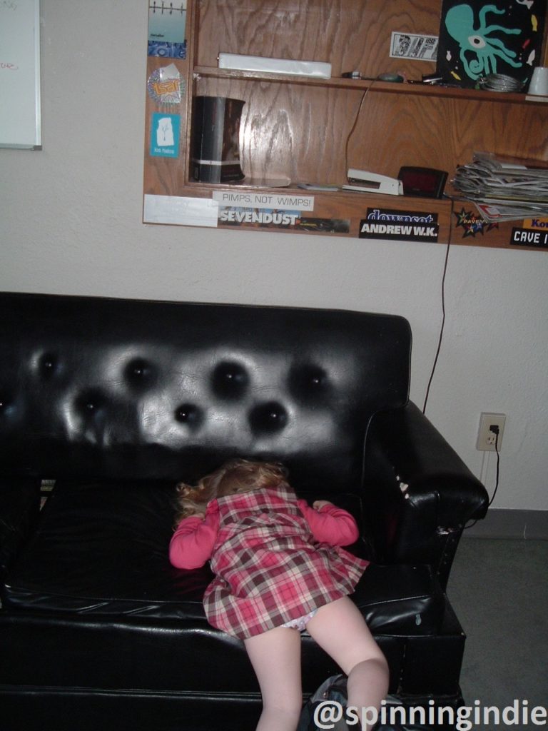 Crashed out on college radio station couch at WVFI at Notre Dame. Photo: J. Waits