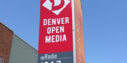 Sign for LPFM KOMF-LP at Denver Open Media. Photo: J. Waits