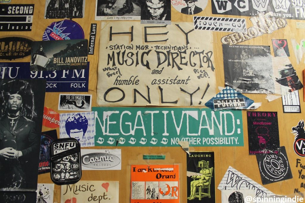 Sticker-covered door at college radio station WCWM. Photo: J. Waits