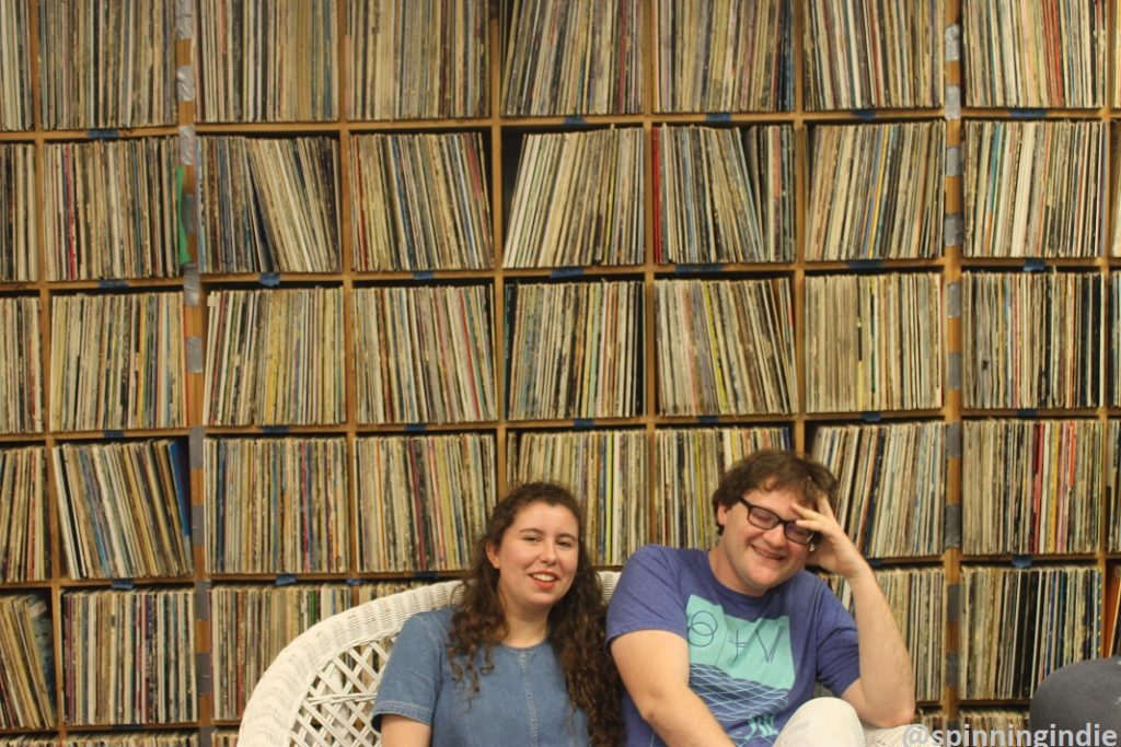 Lizzie Fulham and Colin Morgan in vinyl library at WCWM. Photo: J. Waits