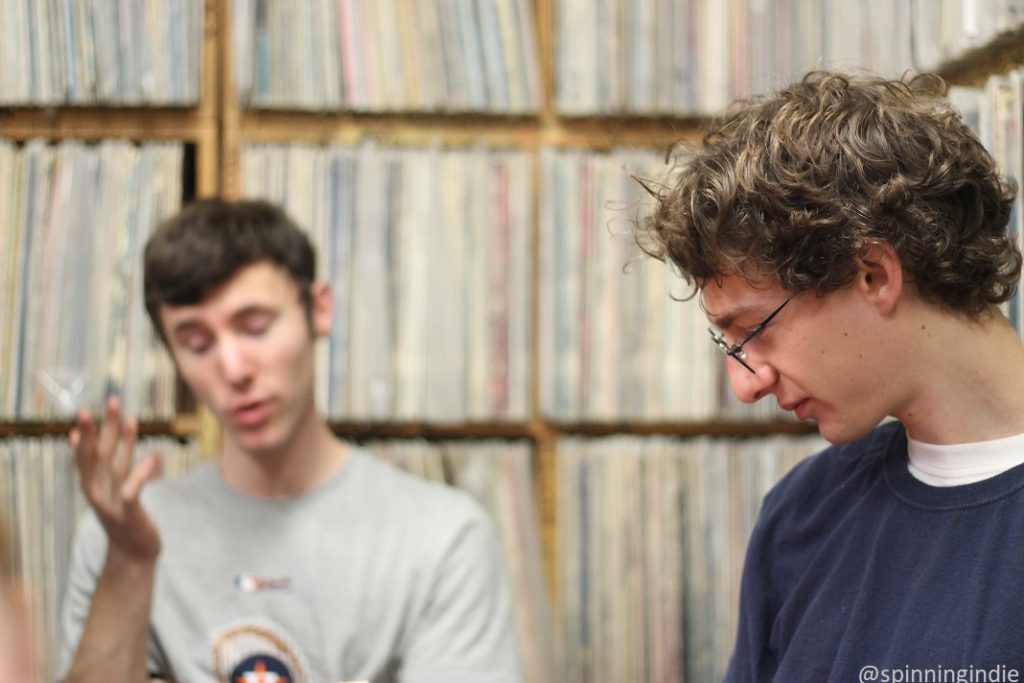 WHPK Co-Music Director Eli Winter and Station Manager Ethan Weinstein in WHPK record library. Photo: J. Waits