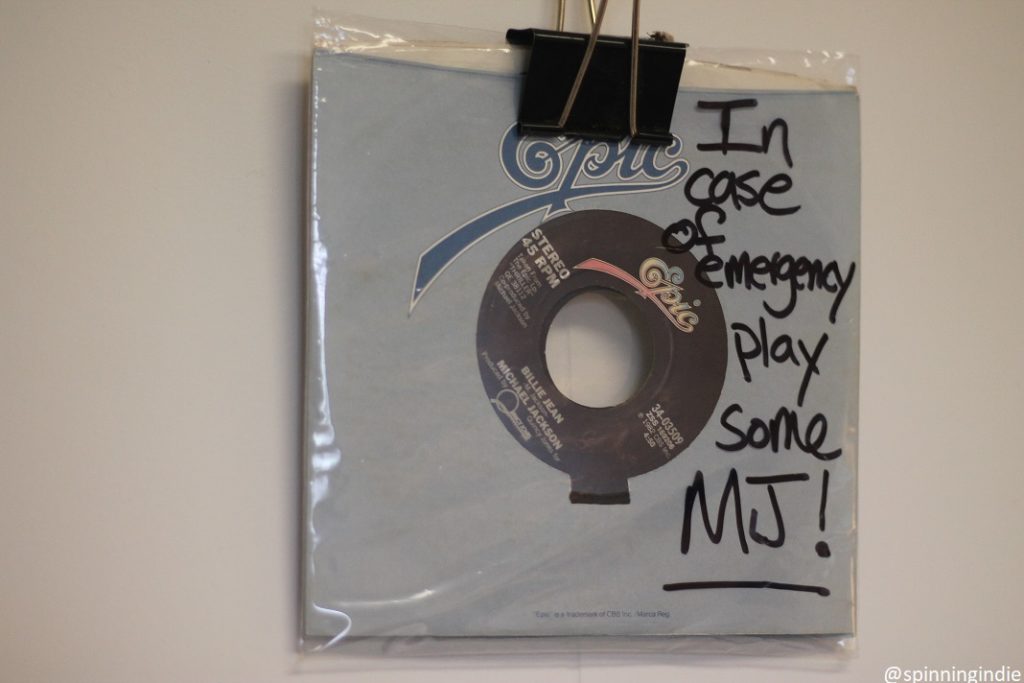 Michael Jackson 45 on the wall in WGXC studio. "In case of emergency, play some MJ!" Photo: J. Waits