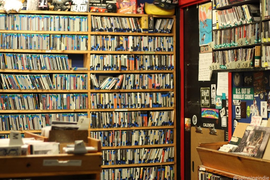 Music collection in the on-air studio at college radio station KDVS. Photo: J. Waits