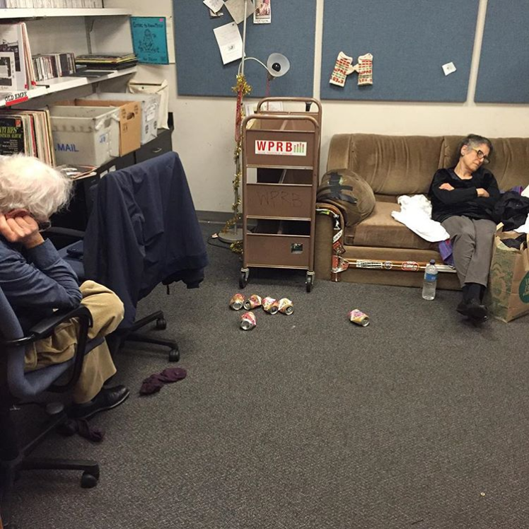 Jon Solomon's parents asleep during his marathon Christmas show, 2015. Photo: Jon Solomon