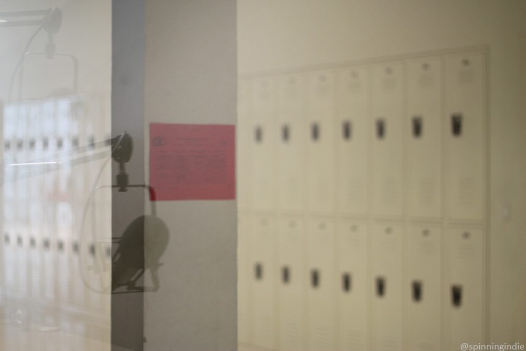 View of school lockers from studio at high school radio station KNHC. Photo: J. Waits