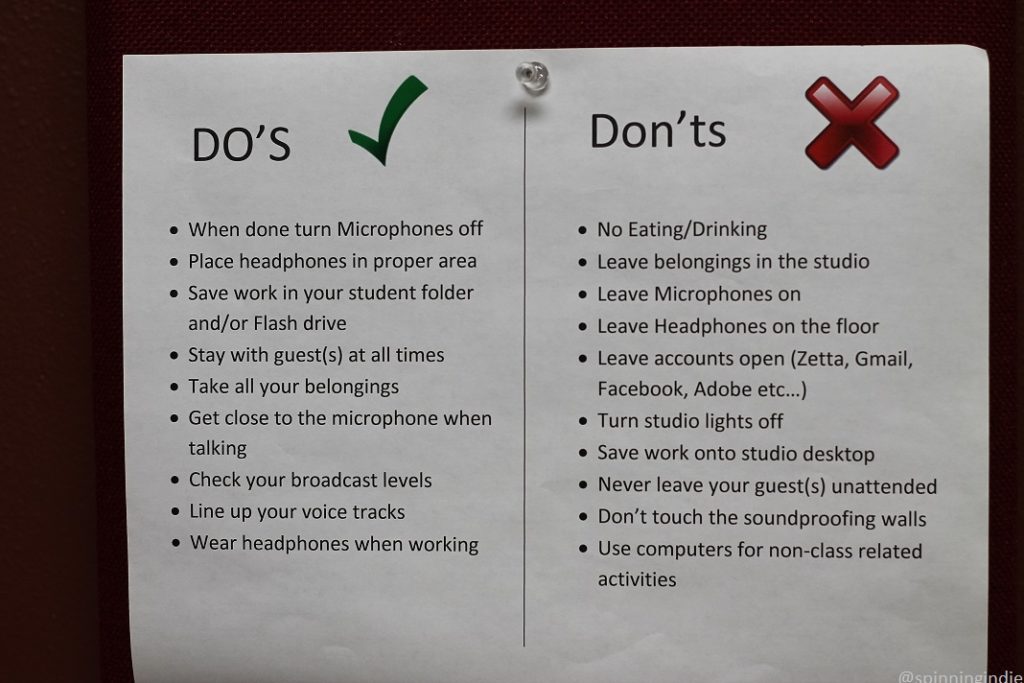 Do's and Don'ts sign at high school radio station KMIH. Including: Do's: "when done turn microphones off, place headphones in proper area..." and don'ts: "no eating/drinking, leave belongings in studio, leave microphone on" and more. Photo: J. Waits/Radio Survivor