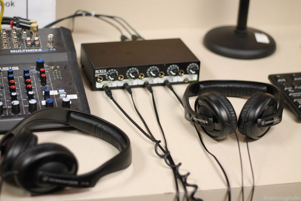 Soundboard, headphones, and other audio equipment at KMIH. Photo: J. Waits/Radio Survivor