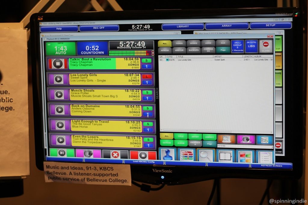 Digital KBCS playlist displayed on computer in studio: Tracy Chapman, Sweet Spirit, Grace Potter, Anders Osborne, etc. Photo: J. Waits/Radio Survivor