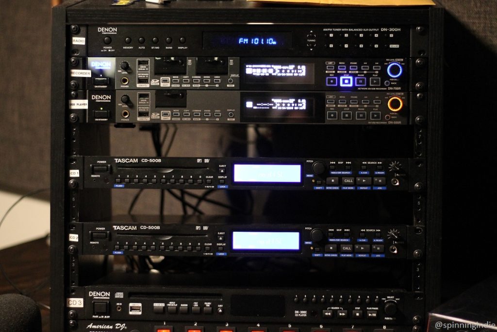 Audio equipment at KMGP-LP, including CD players. Photo: J. Waits/Radio Survivor