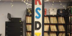 college radio station KSDT, with view of record library. Photo: J. Waits/Radio Survivor