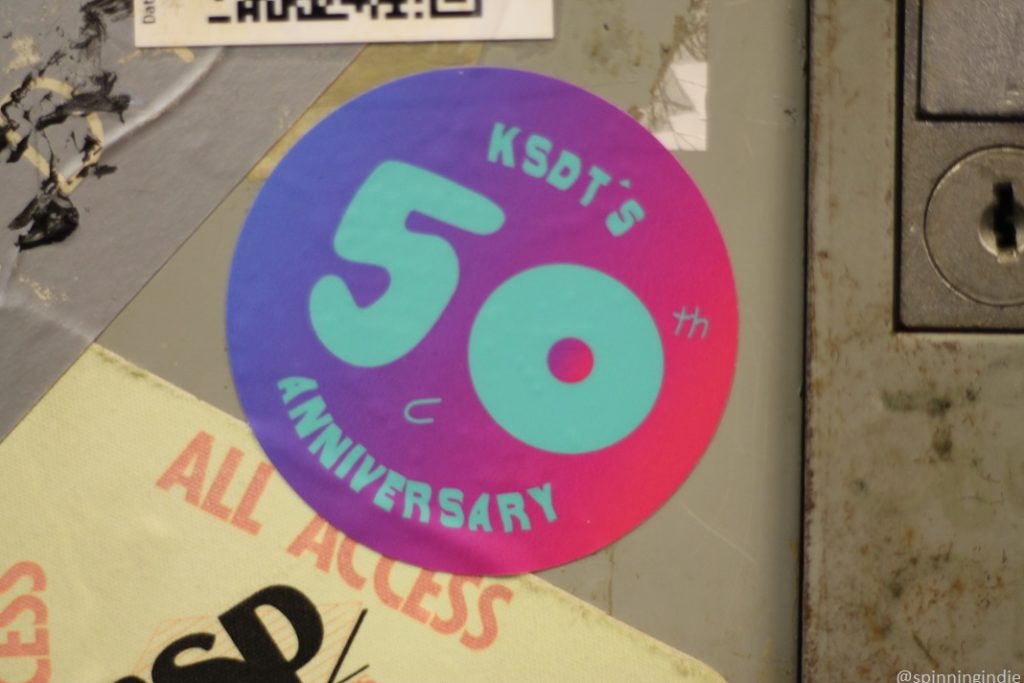 Sticker at KSDT reads: "KSDT's 50th anniversary." Photo: J. Waits/Radio Survivor