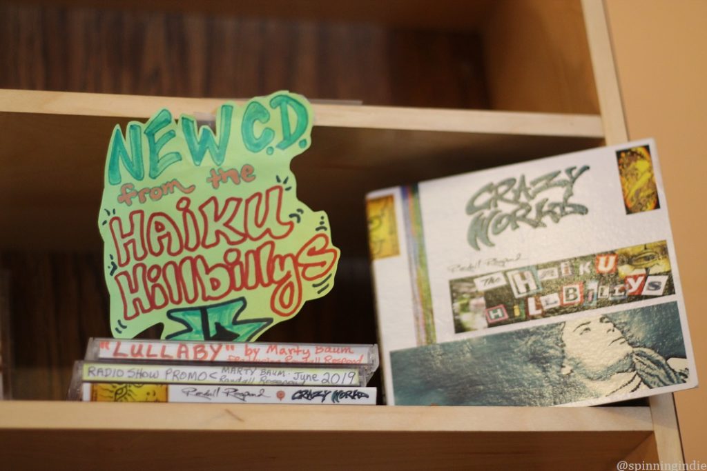 CDs on the shelf in on-air studio at Mana'o Radio. Photo: J. Waits/Radio Survivor