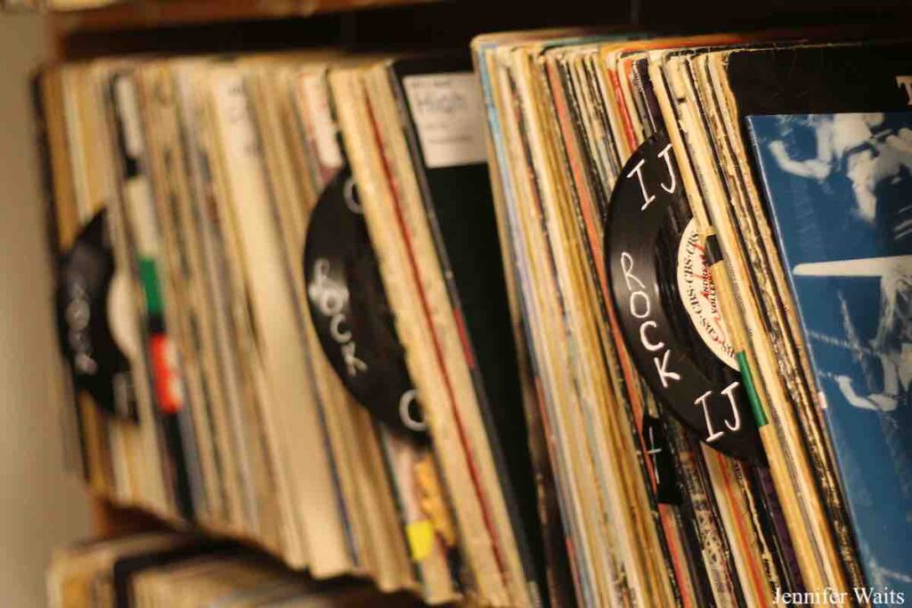 Photo of finyl records in college radio station BSR's studio. Records are divided with old vinyl records labeled with the word "rock" and letters of the alphabet. Photo: J. Waits