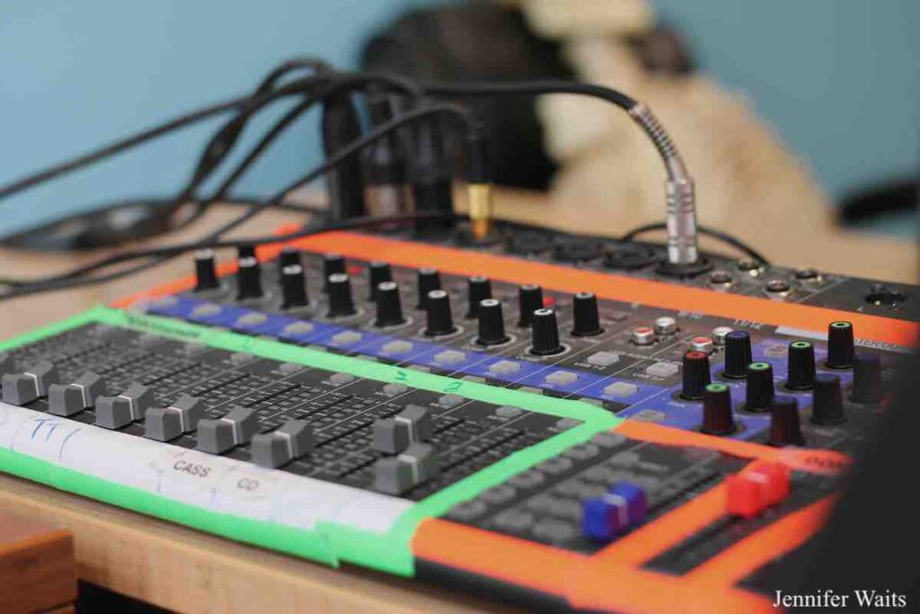 Photo of mixing board at college radio station WSLC. Labels include TT, CASS and CD. Photo: J. Waits