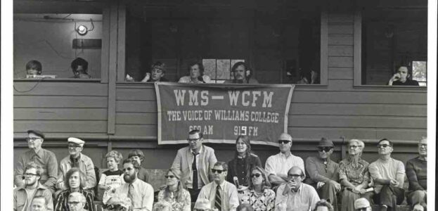 Photo of Williams College's radio station WMS-WCFM doing a remote sports broadcast from the early 1970s. Photo from WCFM archives