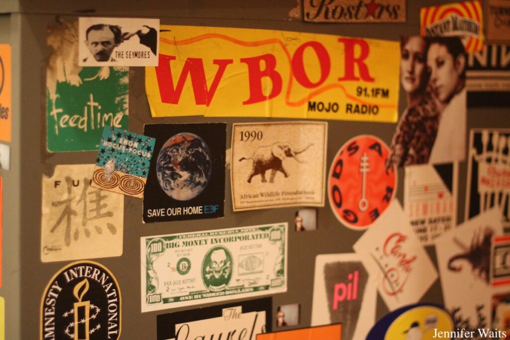 Vintage WBOR sticker on a sticker-covered cabinet at the Bowdoin College radio station. Photo: J. Waits