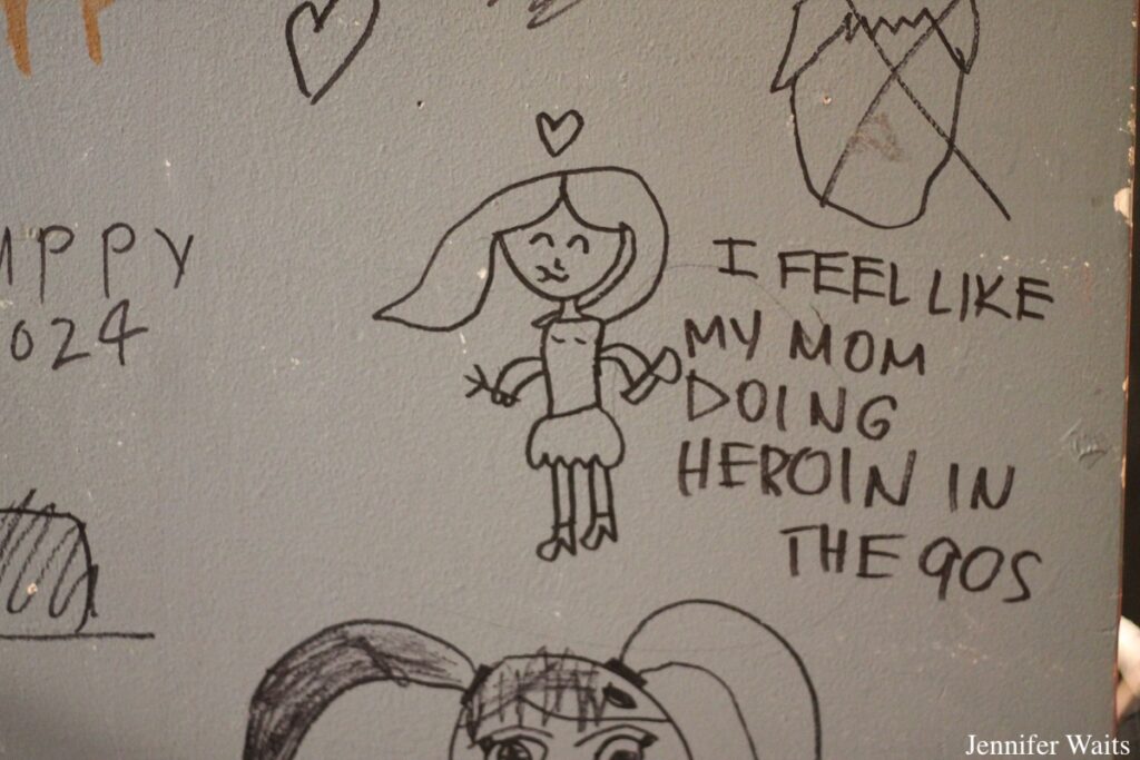 Graffiti and drawings on the wall of Bowdoin College radio station WBOR. Note on wall reads: "I feel like my mom doing heroin in the 90s." Photo: J. Waits