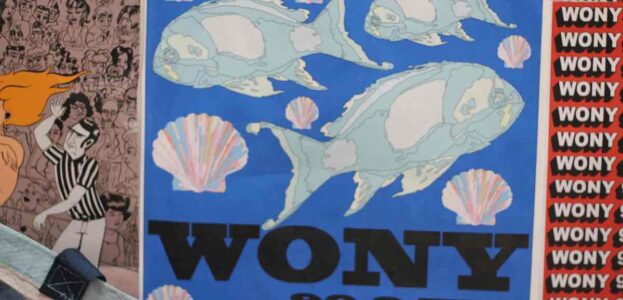 Photo of WONY 90.9 FM poster at the college radio station. Photo: J. Waits
