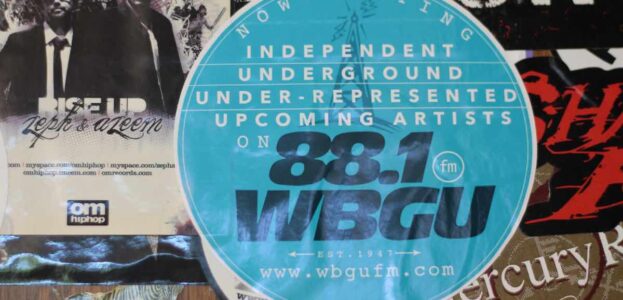 Stickers at college radio station WBGU-FM. Photo: J. Waits