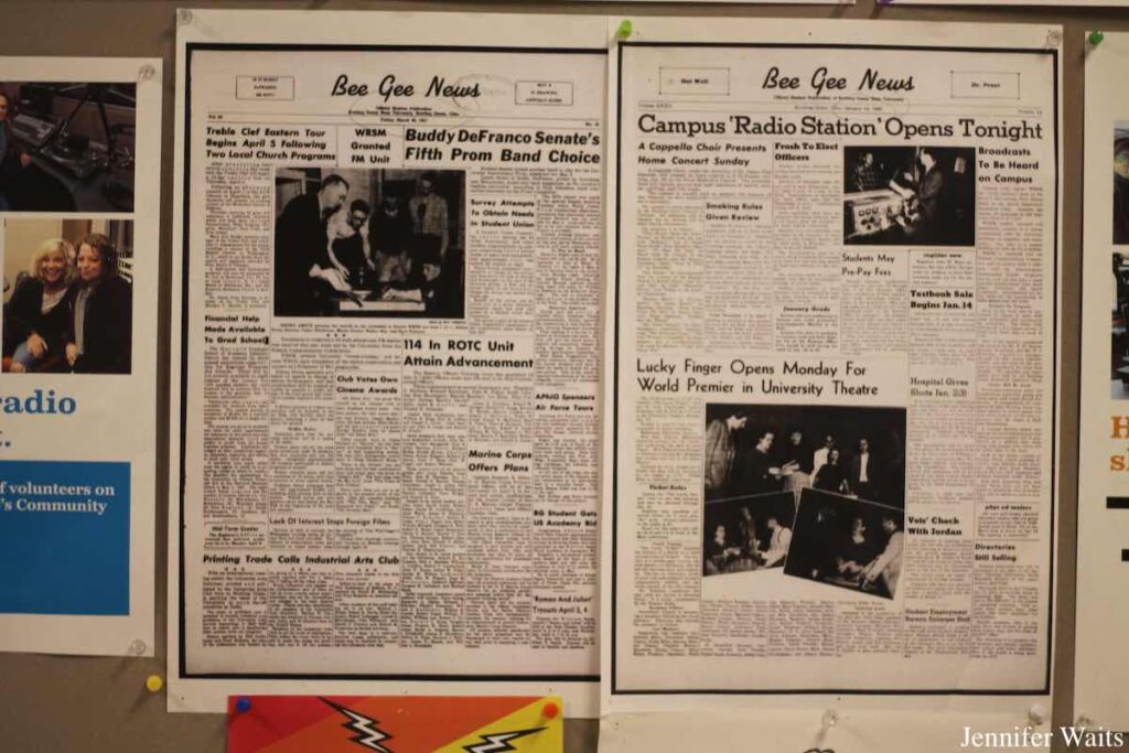 Photo of old newspaper clippings posted on wall at college radio station WBGU-FM. Headlines include "Campus Radio Station Opens Tonight." Photo: J. Waits
