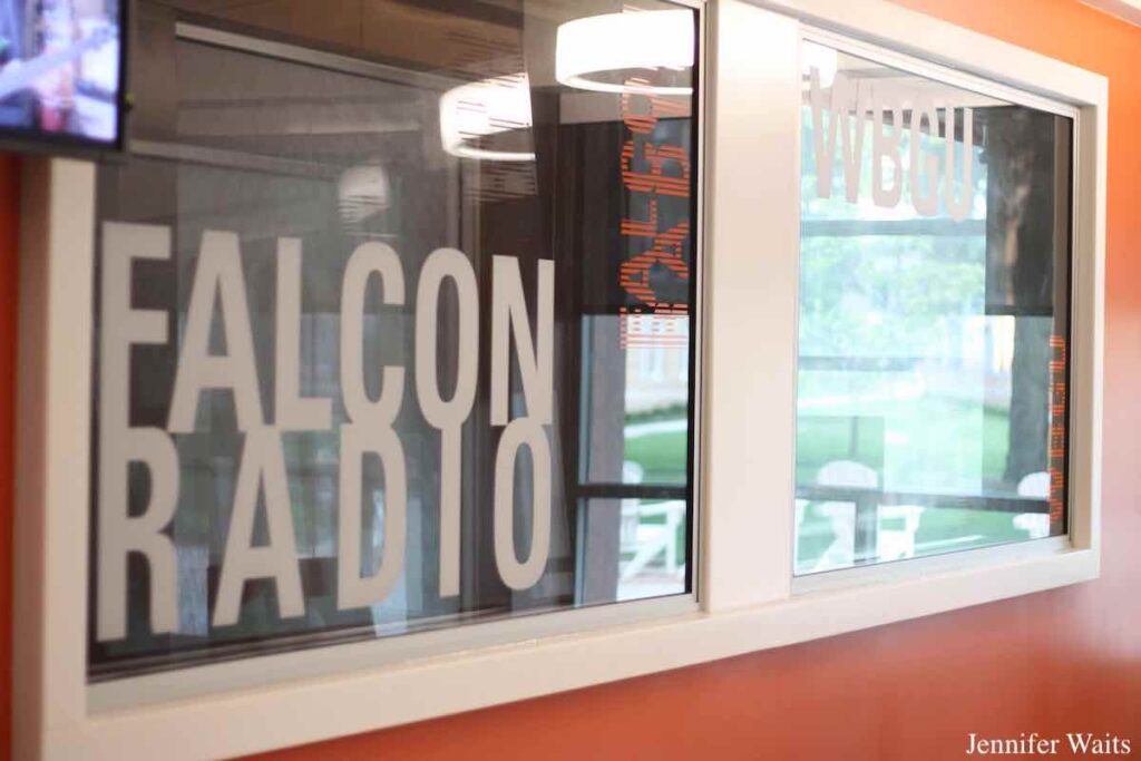 Photo of windows looking in to college radio stations Falcon Radio and WBGU-FM. Photo: J. Waits